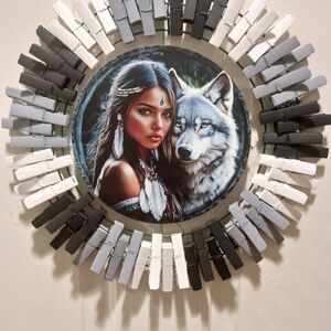 Enigmatic Wolf and Woman Circular Wall Art - Black, Gray, White